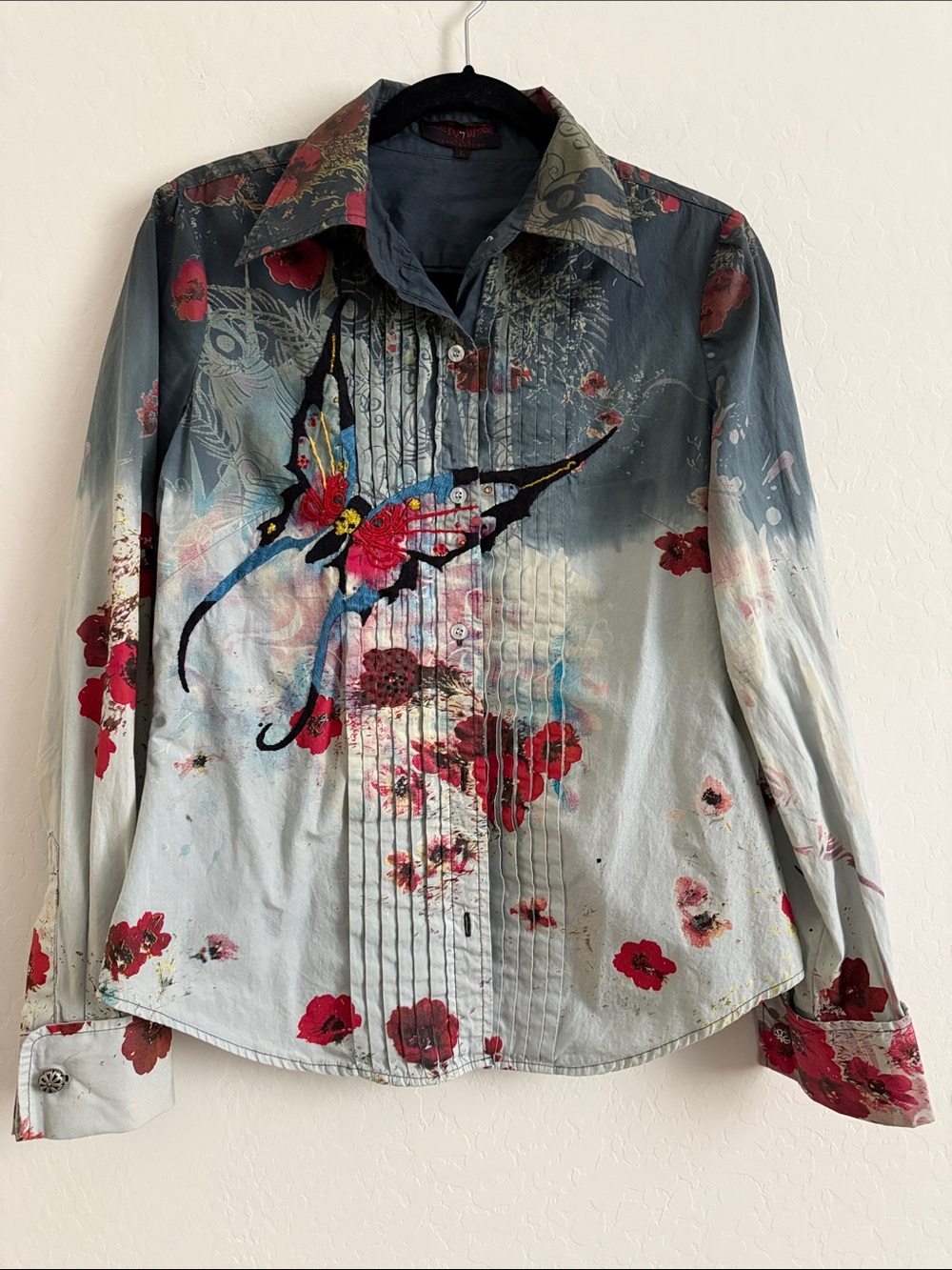 Raw7 Women's Botton-Up Shirt Butterfly Floral Gray with Red Accents  Sz L